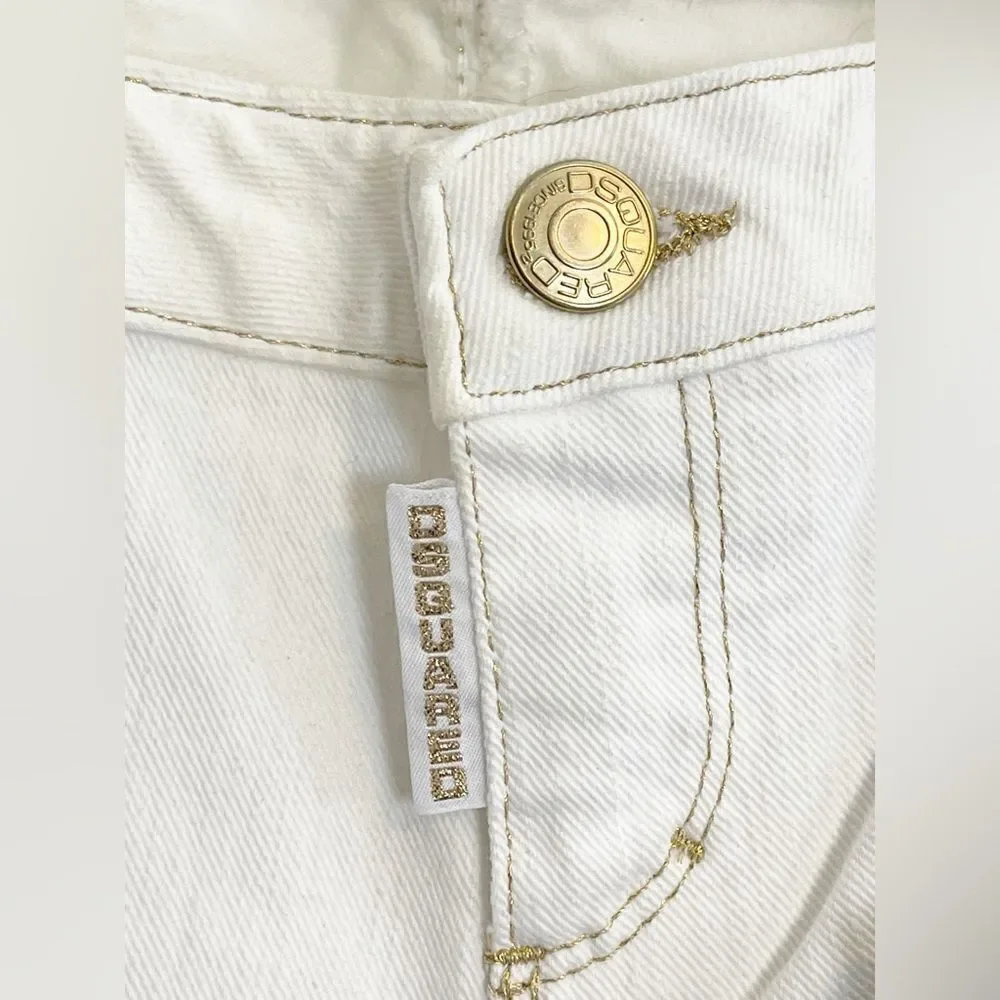 DSQUARED White Denim Bermuda shorts with gold embroidered pocket NWT  40